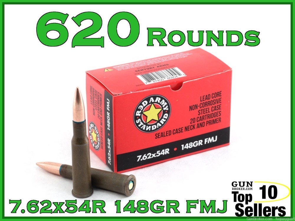 Red Army Standard 7.62x54R 148 gr FMJ Steel Case Non-Corrosive *620rd CASE*-img-0