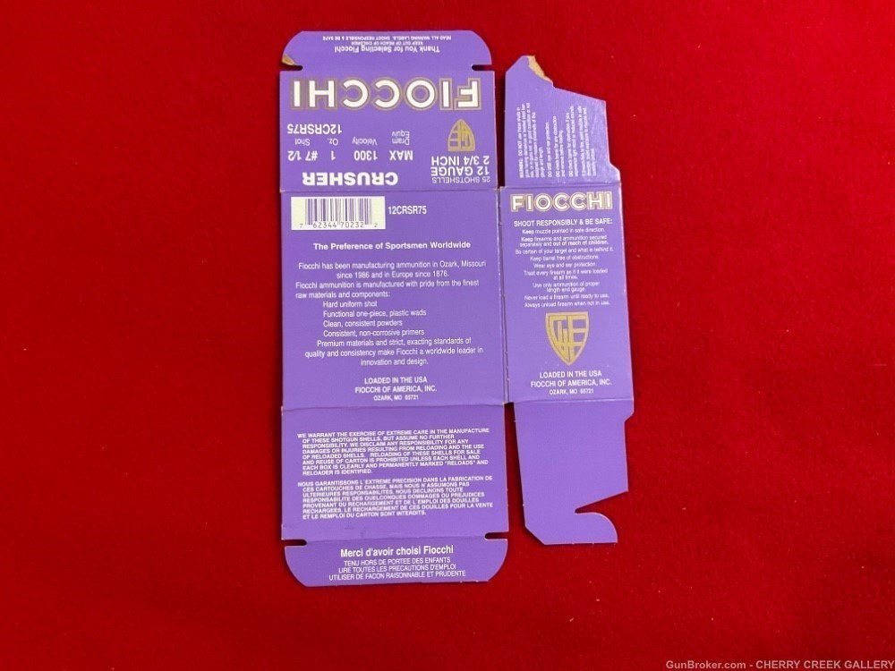 Vintage shotgun shell purple box empty FIOCCHI crusher 12g 7.5 shot -img-1