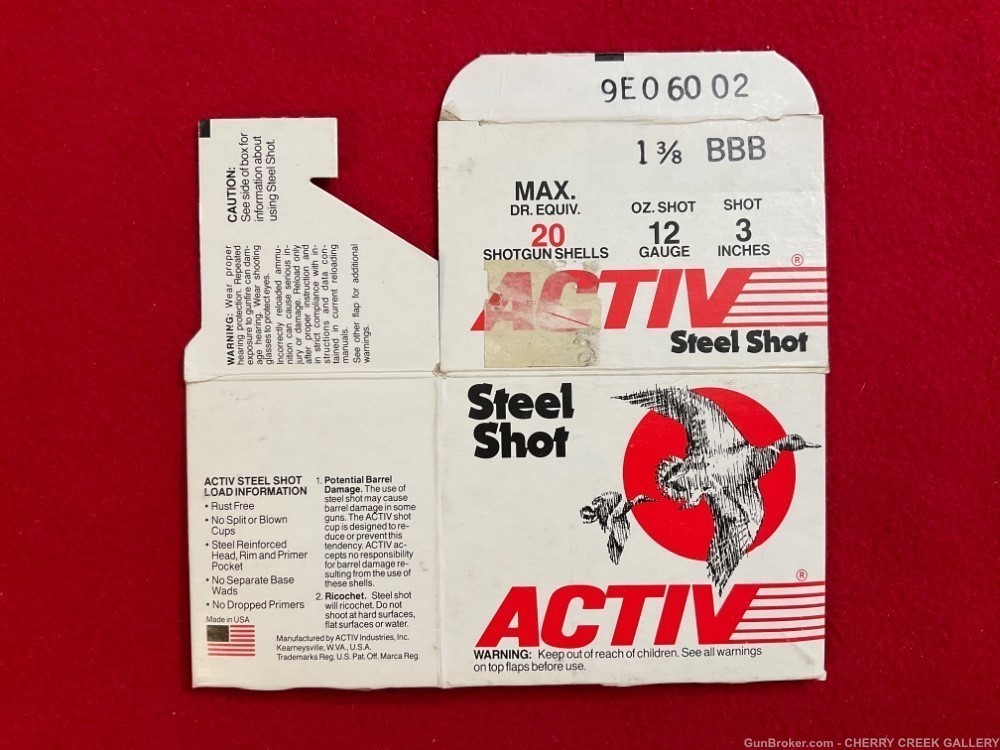 Vintage empty shotgun shell box 12g ACTIV bbb USA steel shot -img-0