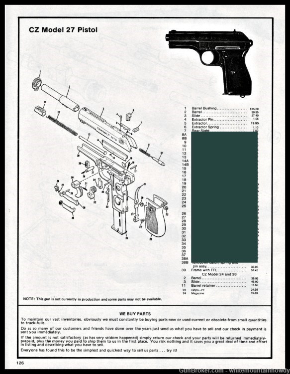 1983 CZ Model 27 Pistol Schematic Parts List-img-0