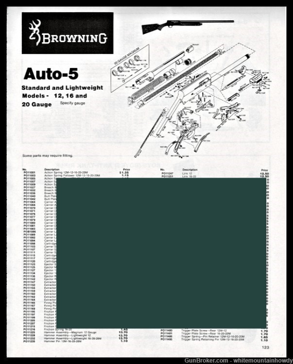 1983 BROWNING Auto-5 Standard or Lightweight Shotgun Schematic Parts List-img-0