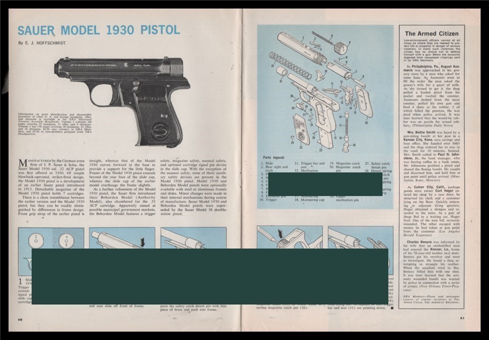 1965 SAUER 1930 Pistol Exploded Parts List Disassembly Assembly Article-img-0
