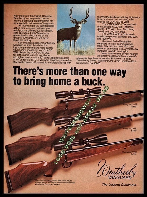 1985 WEATHERBY Vanguard VGS VGL VGX Rifle Original PRINT AD-img-0