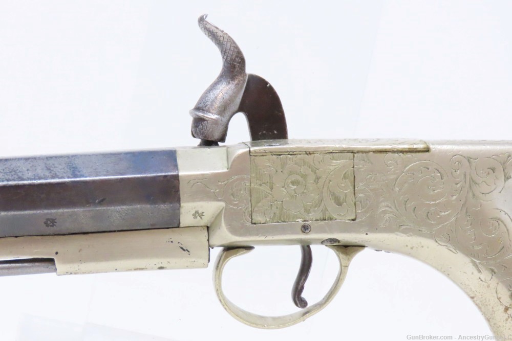 ENGRAVED ALL METAL Saw Handle Pistol by MANTON German Silver Antique-img-17