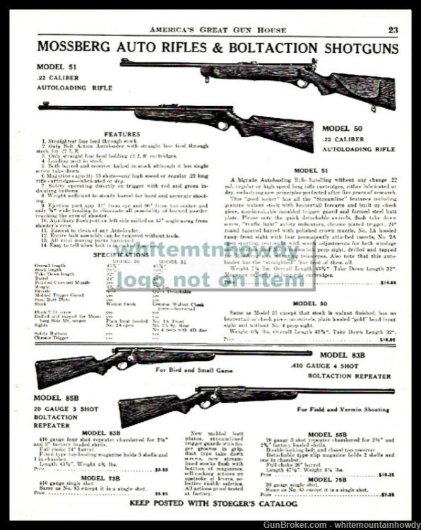 1940 MOSSBERG Model 51 and 50 Autoloading .22 Rifle 83B 85B Shotgun AD-img-0