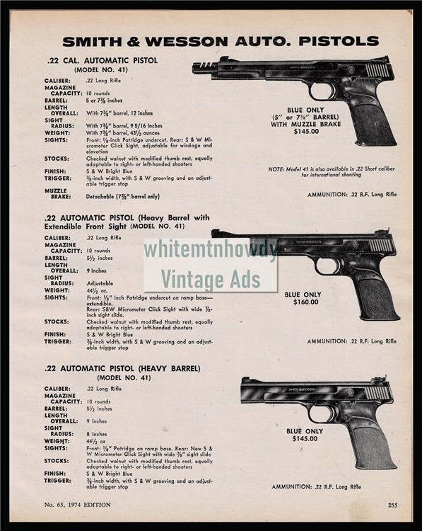 1974 SMITH & WESSON Model 41 .22 Automatic Pistol PRINT AD 3 models shown-img-0