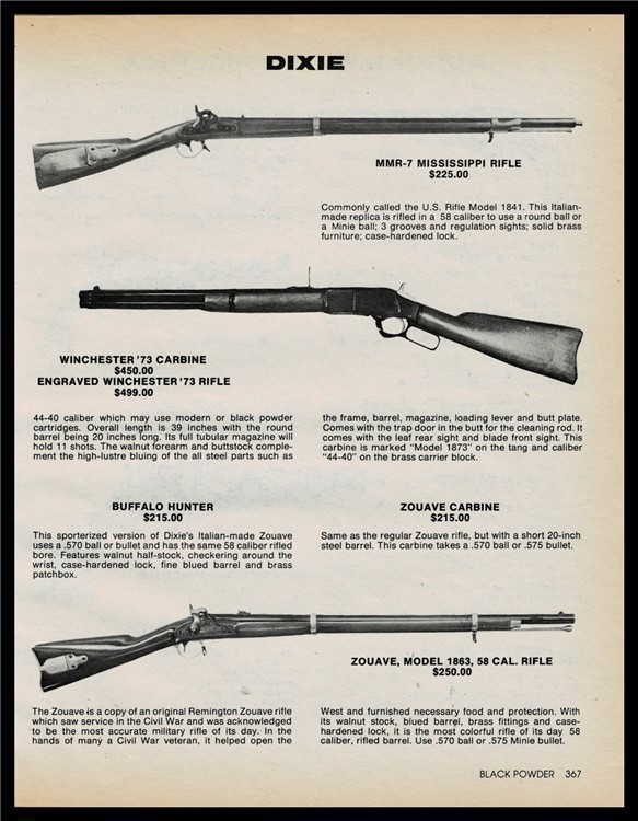 1984 DIXIE MMR-7 WINCHESTER   '73 Carbine Zuave 1863 Black Powder Rifle AD-img-0