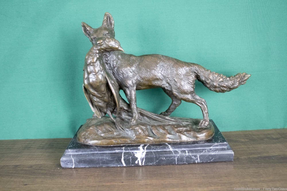 Emile Truffot Poacher Fox & Pheasant Bronze Statue-img-0