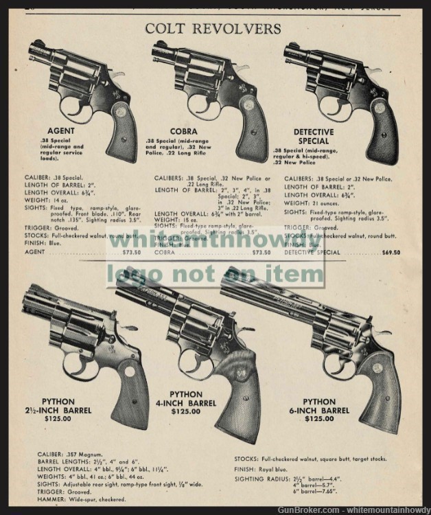 1966 COLT Agent Cobra Detective Special PYTHON 2.1/2" 4" 6" Revolver AD-img-0