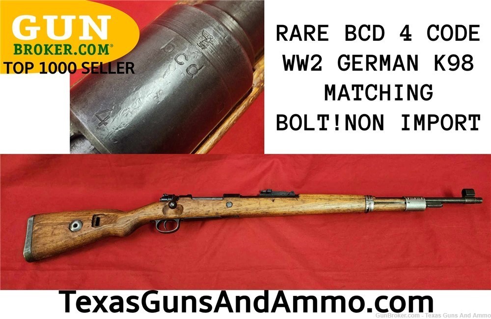 NO RESERVE WW2 GERMAN K98 BCD 4 MAUSER GUSTLOFF WERKE MATCHING BOLT PENNY!-img-0