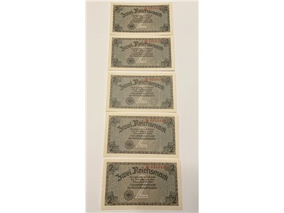 Set of 5 Sequential WW2 German 2 Reichsmark Notes Occupied Territories WW2