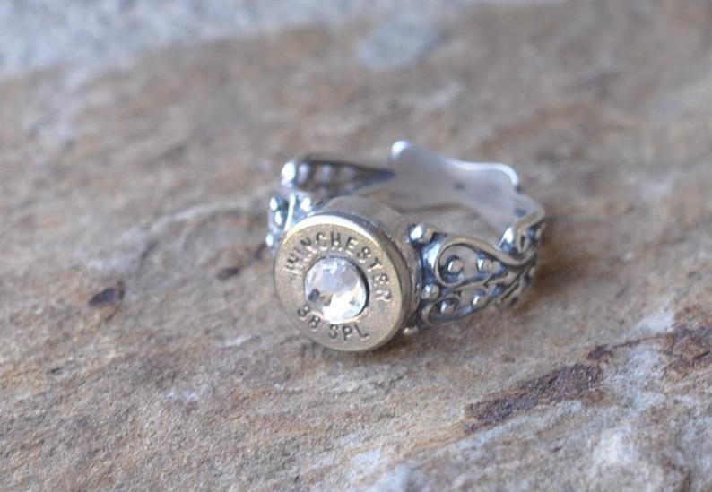 Winchester Nickel 38 Special Pistol Bullet Ring Filigree Sterling 925 Sz.7-img-0