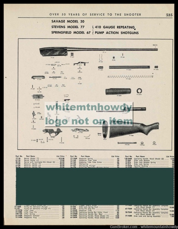 1967 SAVAGE 30 STEVENS 77 SPRNGFIELD 67 Shotgun Parts List-img-0