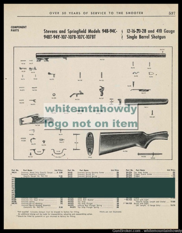 1967 STEVENS & SPRINGFIELD 94B 94C 94BT 94Y 107 Shotgun Parts List-img-0
