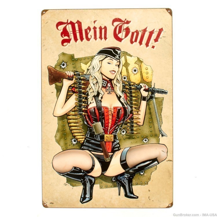 German WWII Replica "Vintage" Metal Sign - MG 34 Gunner Girl - 12" x 18"-img-0