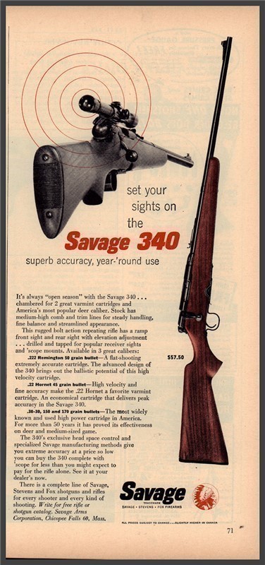 1957 SAVAGE 340 Vintage Hunting Rifle PRINT AD-img-0