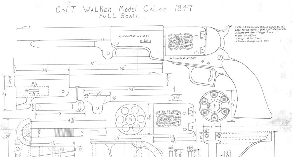 Walker Colt Percussion Revolver Pistol Drawings, Blueprints!-img-0