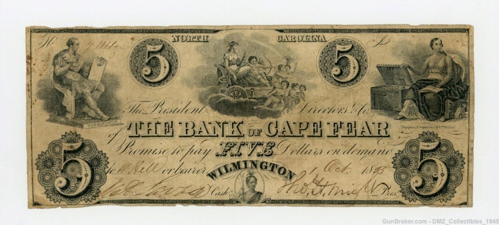 1850s $5 North Carolina Bank Note Currency Money-img-0