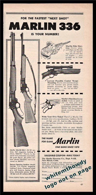 1954 MARLIN 336 30/30-C Rifle & 336-SD Sporting Carbine AD razor blades-img-0