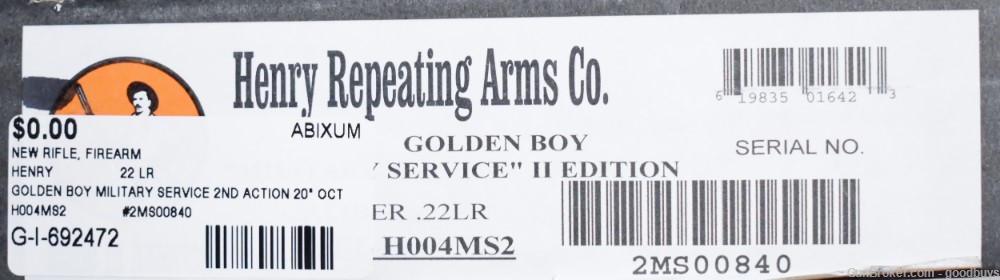 Henry H004MS2 Golden Boy Military Service Tribute 2nd Edition 22 S L LR NIB-img-4