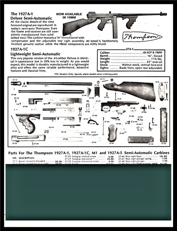 1994 THOMPSON 1927A-1 1927A-1C Rifle Schematic Parts List-img-0