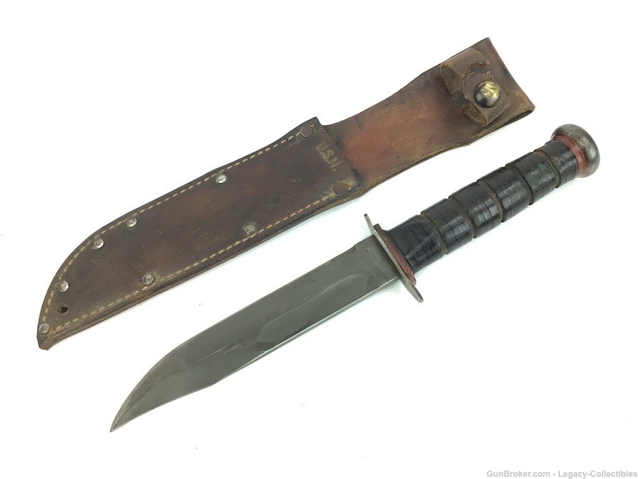 PAL 37 US Navy Fighting Knife & Leather Scabbard WWII Red Spacers-img-0