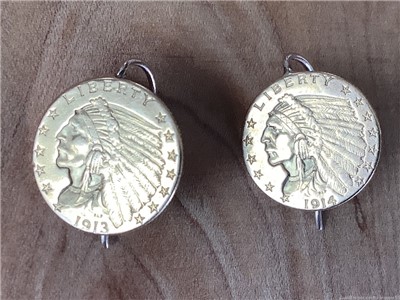 2-1/2 Dollar GOLD Indian Coins. Made into earrings. 1913 &1914D.
