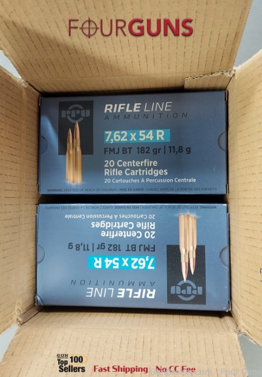 PPU Rifle Line 7.62x54R 182 gr FMJ Boat Tip 200Rounds-img-0
