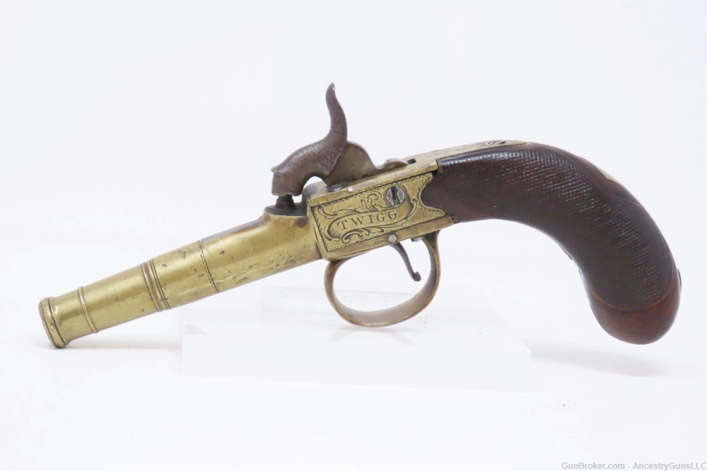 ENGRAVED British Antique BOXLOCK FLINTLOCK POCKET/MUFF Pistol by TWIGG .42 -img-1