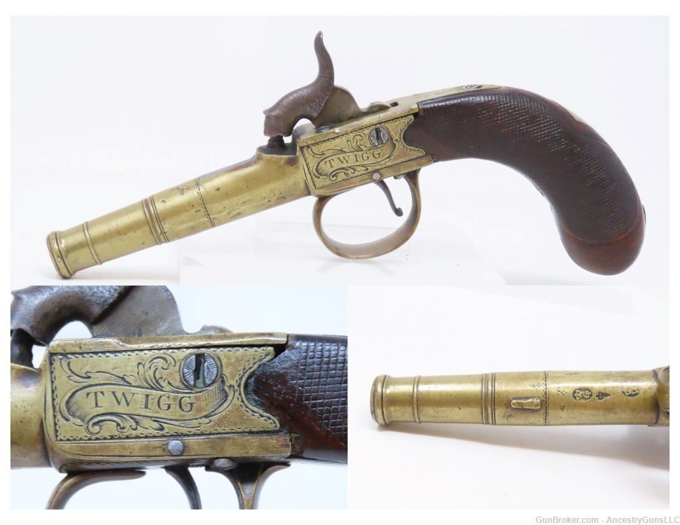 ENGRAVED British Antique BOXLOCK FLINTLOCK POCKET/MUFF Pistol by TWIGG .42 -img-0