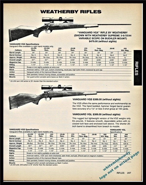 1985 WEATHERBY Vanguard VGX, VGS, VGL Rifle AD w/ specs & original prices-img-0
