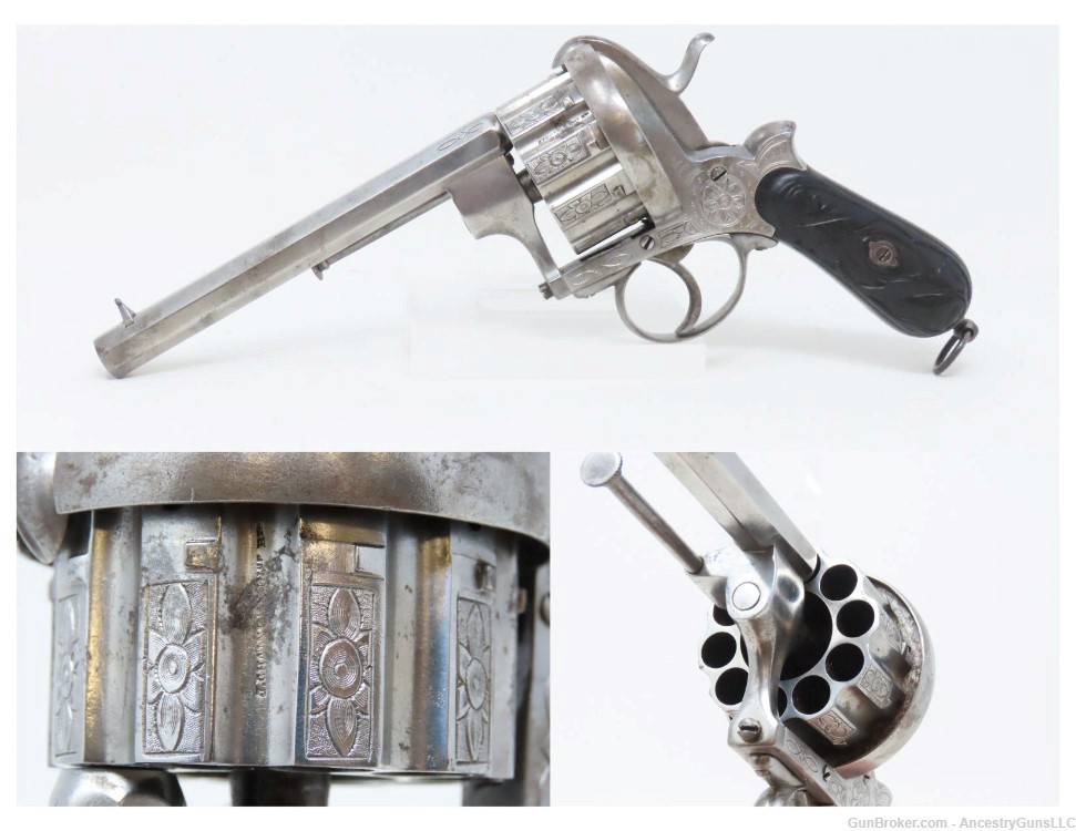 LARGE 10-SHOT 11MM PINFIRE JOSEPH CHAINEUX BREVETE Revolver  c1860s Antique-img-0