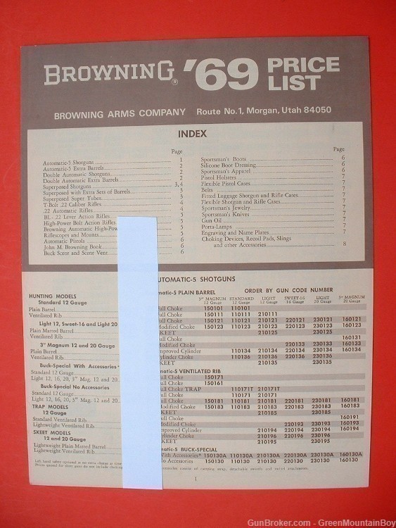 Scarce 1969 OEM BROWNING Catalog Companion Retail Price List - XLNT !-img-0