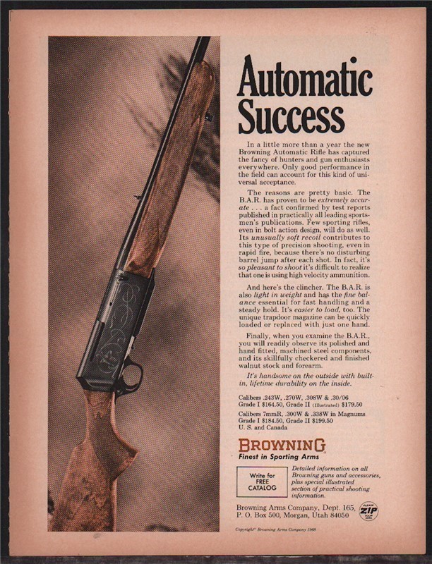 1968 BROWNING B.A.R. Automatic Rifle PRINT AD-img-0