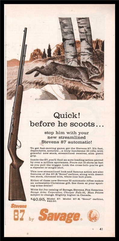 1960 SAVAGE STEVENS 87 22 Automatic Rifle Print AD-img-0