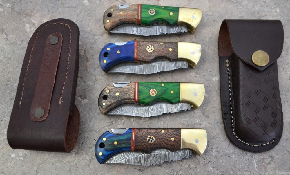 Damascus Steel Set of 4 Back LocK Pocket Knives with Wood Handle (LT FK BL)-img-0