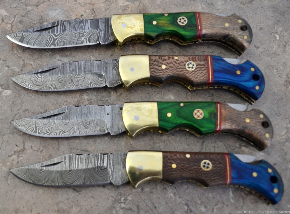 Damascus Steel Set of 4 Back LocK Pocket Knives with Wood Handle (LT FK BL)-img-1