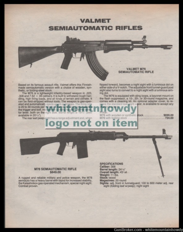 1988 VALMET M76 and M78 Semiautomatic Rifle PRINT AD-img-0