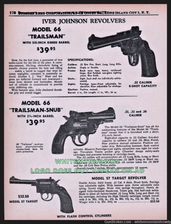 1961 IVER JOHNSON 66 Trailsman, Snub & Target AD-img-0