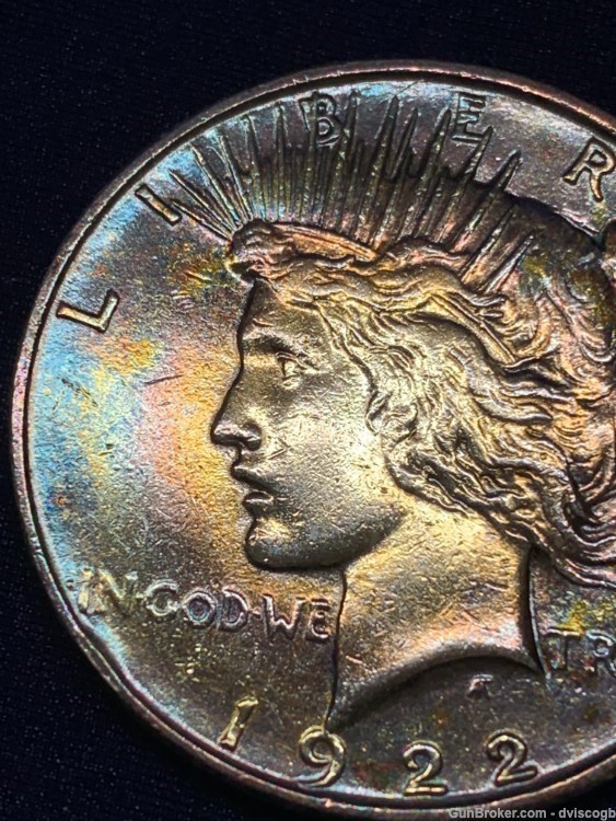 1922 Peace dollar, circular tone, wide array of color, check pics! -img-3