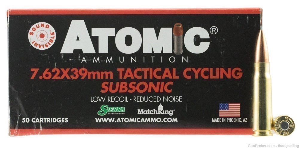 100 Rounds Atomic 7.62 x 39 SUBSONIC Ammo 220 Gr HPBT 7.62x39 Sub Sonic-img-0
