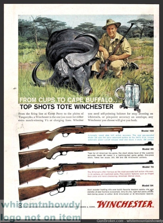 1961 WINCHESTER Model 100 88 70 and 94 Rifle PRINT AD Cape Buffalo-img-0