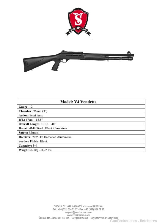 Vezir Arms V4 Vendetta 12ga Semi Auto Shotgun Benelli M4 Clone-img-1