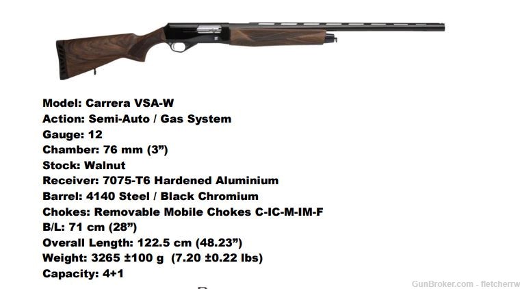Vezir Arms VSA-W 12ga Semi Auto Shotgun Walnut Stock-img-1