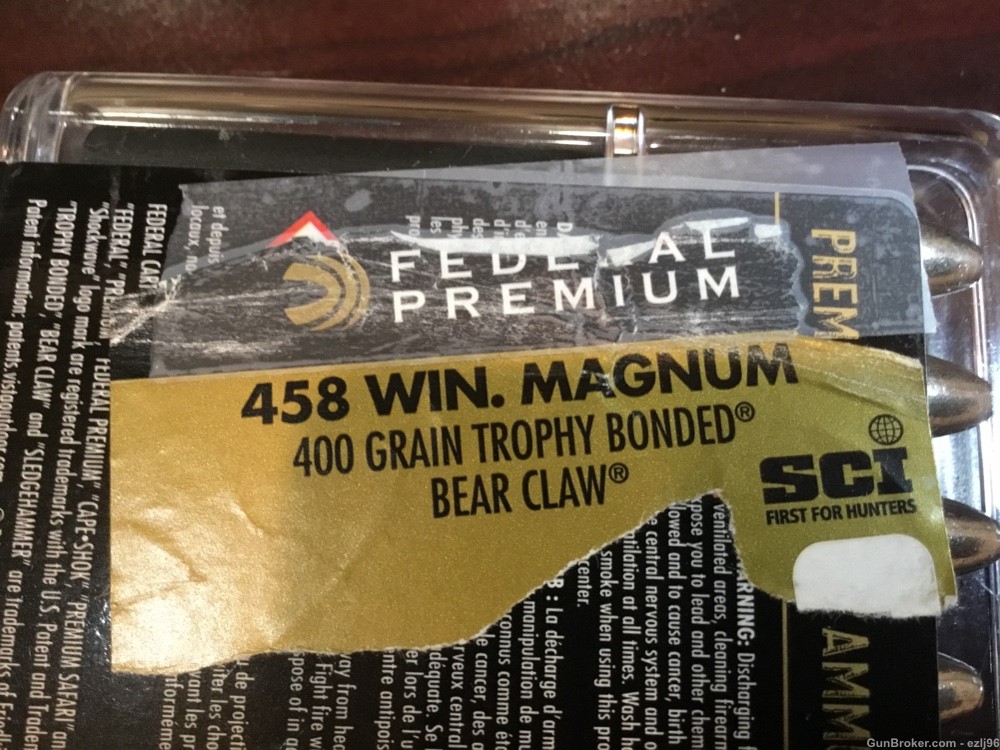 PENNY AUCTION FEDERAL PREMIUM 458 WIN MAGNUM 400 GR TROPHY BONDED BEAR CLAW-img-2