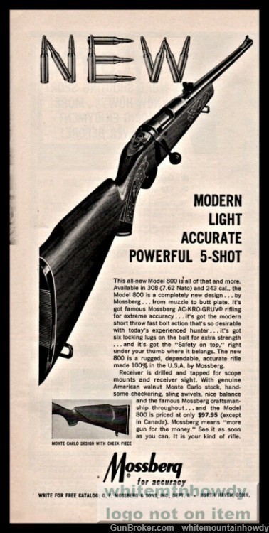 1966 MOSSBERG Model 800 Bolt Action 5-shot RIFLE 2/3 pg AD Firearms ADVERTI-img-0