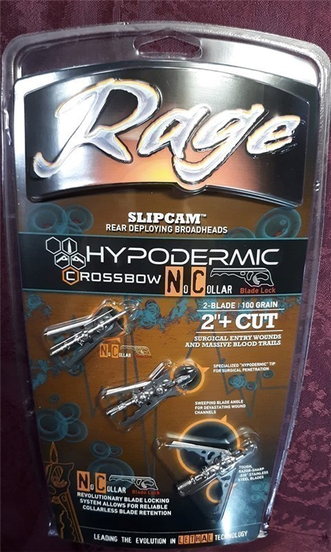 Rage Rear Deploying Broadheads 2-Blade 100 Grain 2" Cut Hypodermic Xbow-img-0