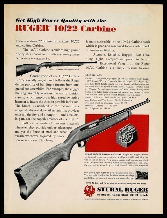 1970 RUGER 10/22 Carbine shown with 1970 price PRINT AD-img-0