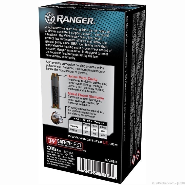 100rds Winchester Ranger™ LE RA38B .38 Special +P 130 GR Bonded JHP-img-2