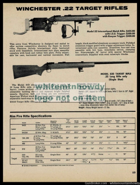 1975 WINCHESTER 52 International Match & 52D.22 Target Rifle PRINT AD-img-0